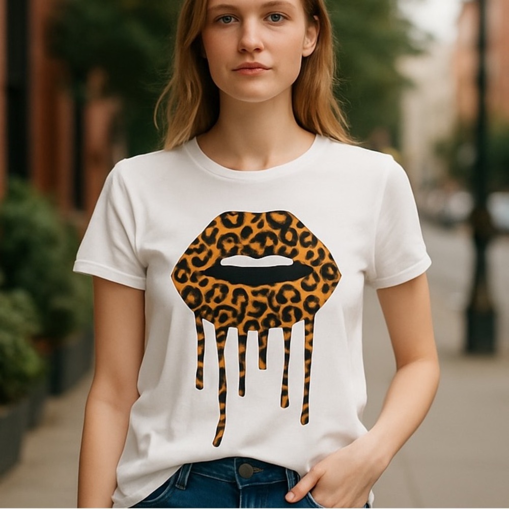 white women’s butter soft  tee shirt w cheetah lip graphic. Worn once.